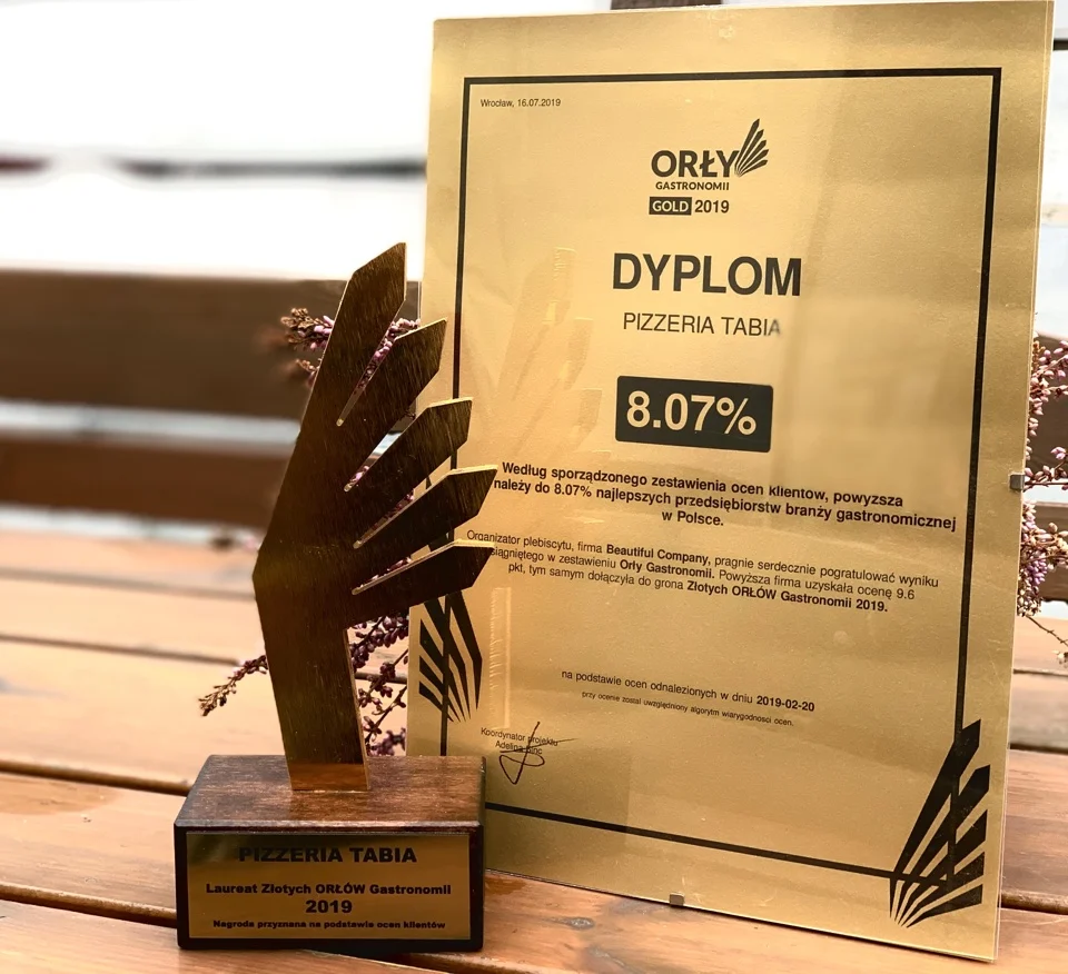 Dyplom i statuetka Orły Gastronomii 2019 dla Pizzerii Tabia